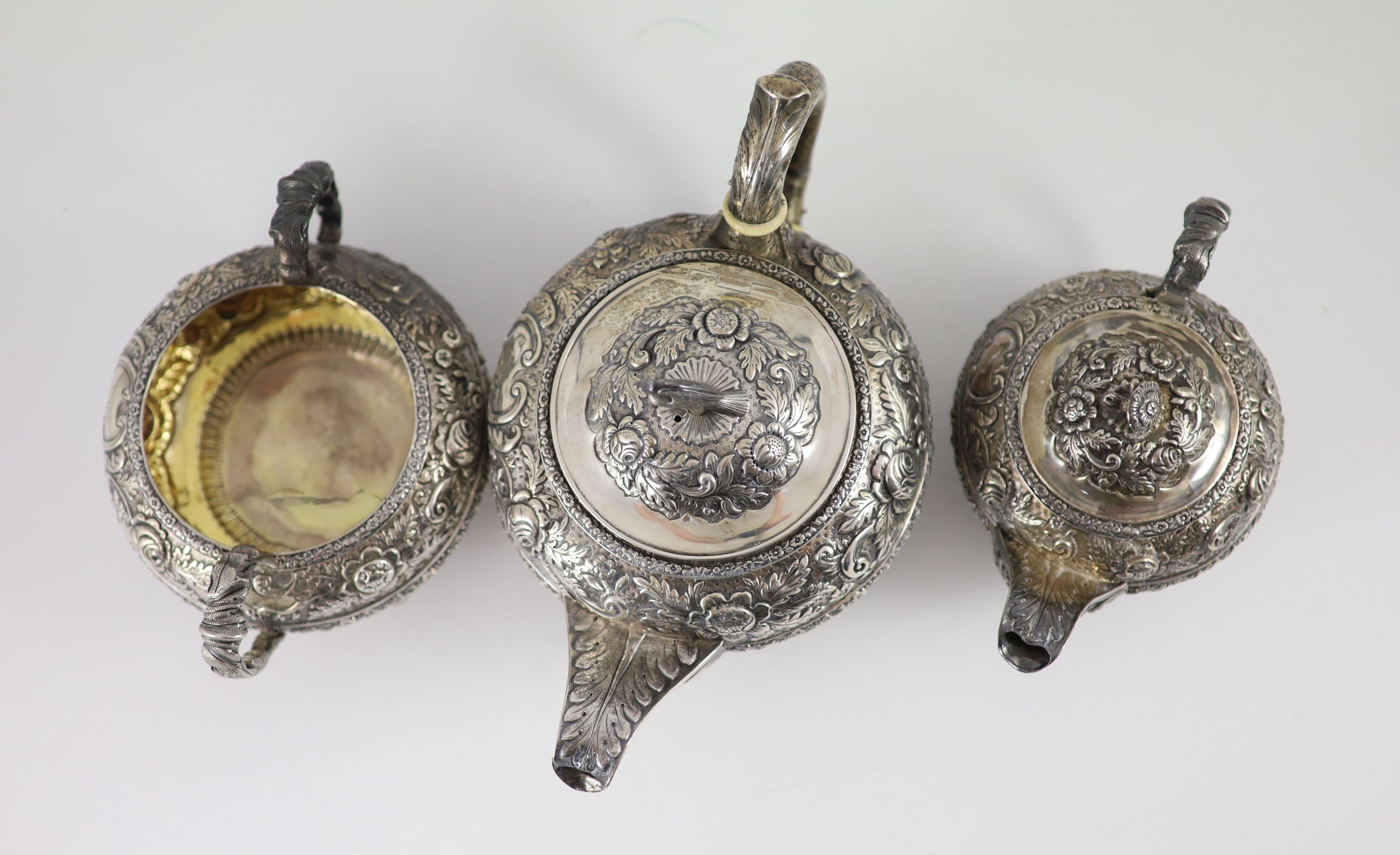 A late George III provincial silver three piece tea set by James Barber & William Whitwell